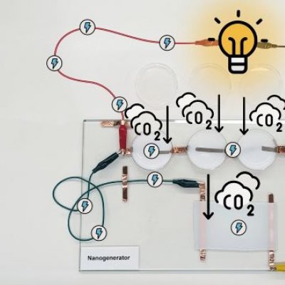 a diagram showing co2 clouds descending into four discs and electricity symbolised by lightening bolts flowing along wires